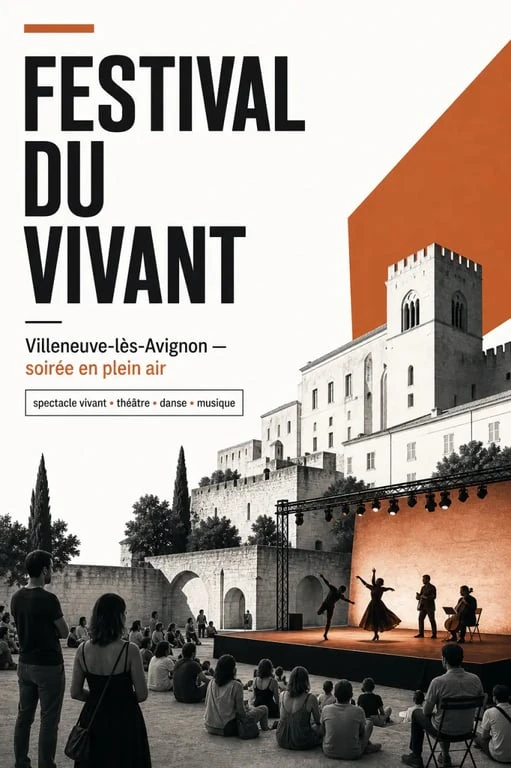 Ambiance du festival villeneuve les avignon avec spectacle vivant en plein air et public en soirée