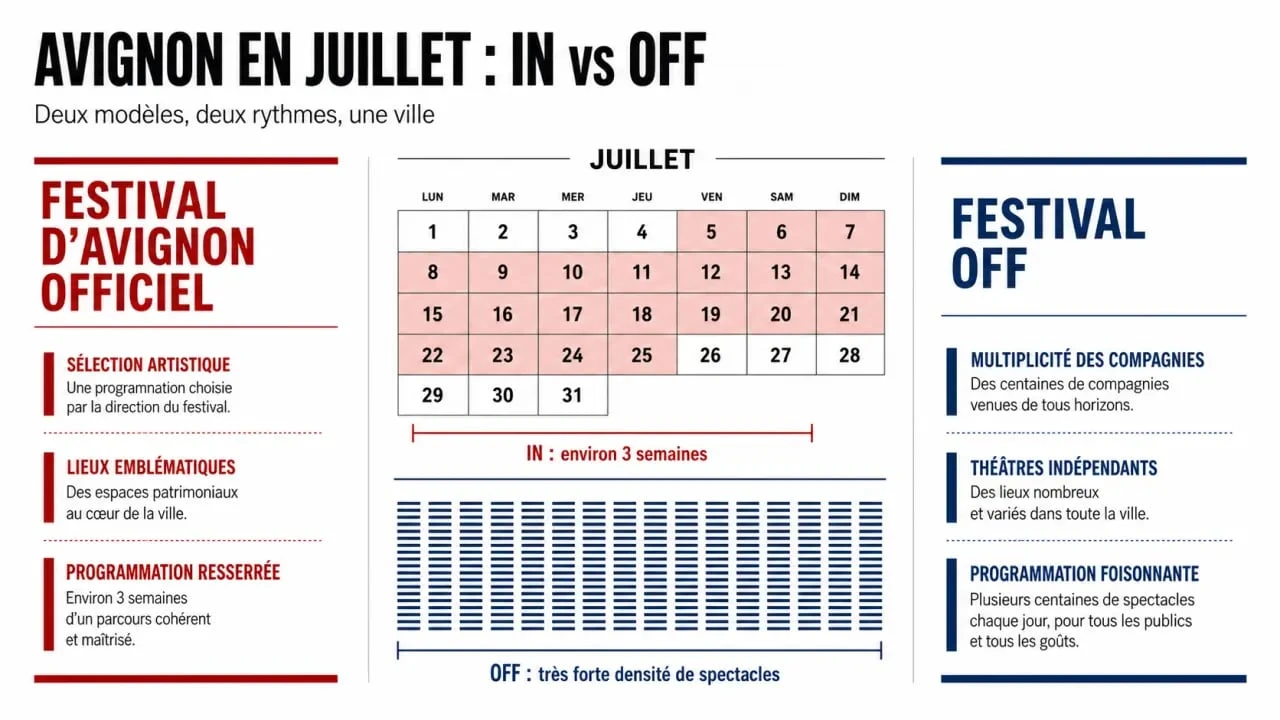 Durée festival avignon : calendrier comparatif du festival In et du Off en juillet