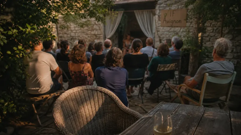 Festival if avignon en jardin privé : cercle de spectateurs et scène intime