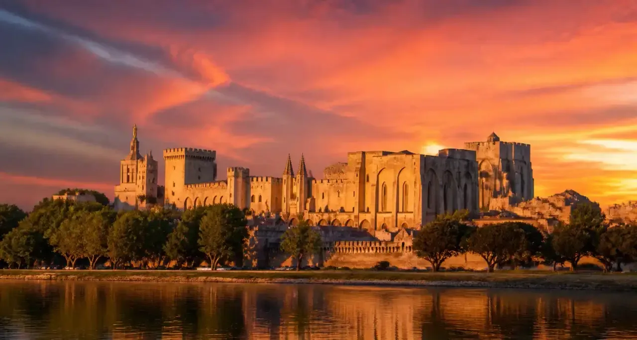 Le Palais des Papes à Avignon, éclairé au coucher du soleil