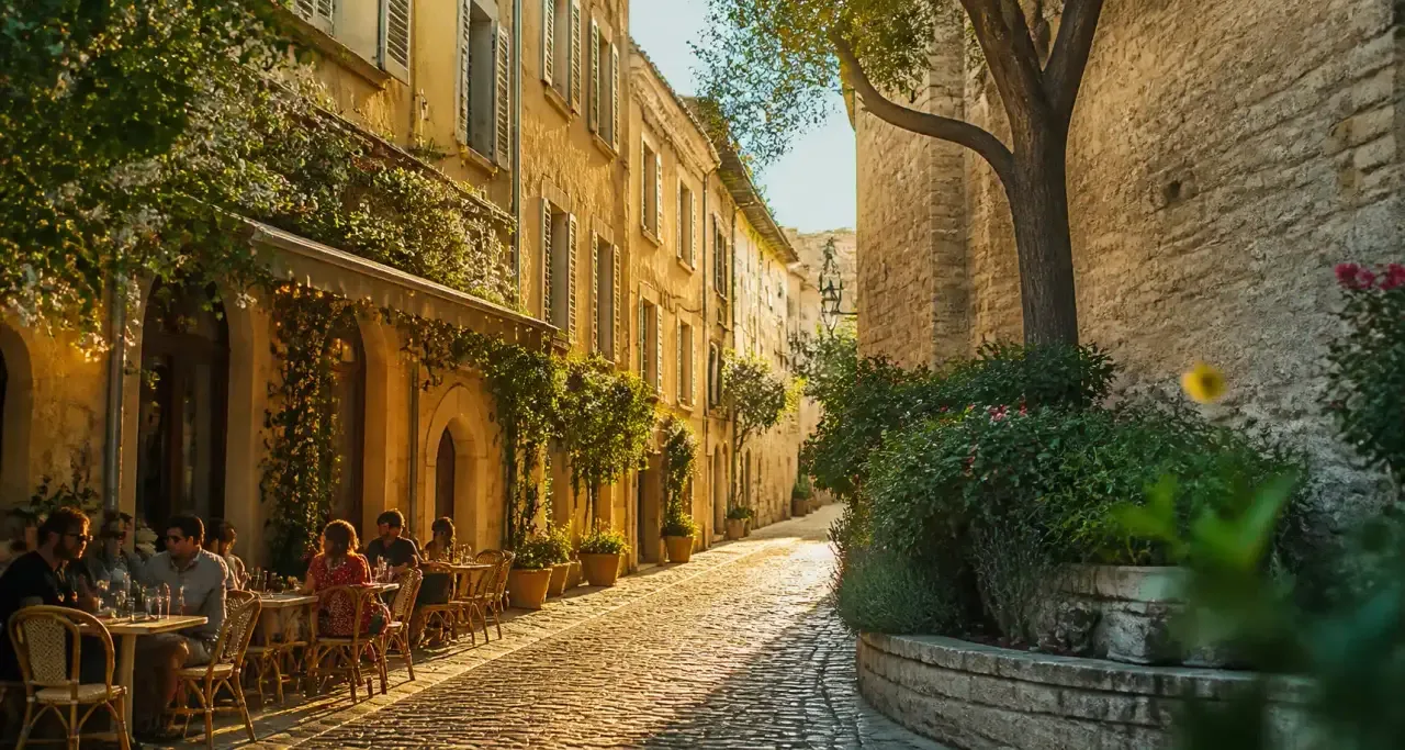 Terrasse de café dans une rue pavée intra-muros à Avignon