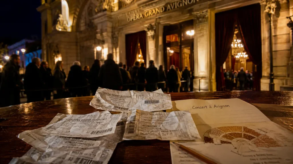 Avignon concerts : billets froissés et plan de salle devant l’opéra