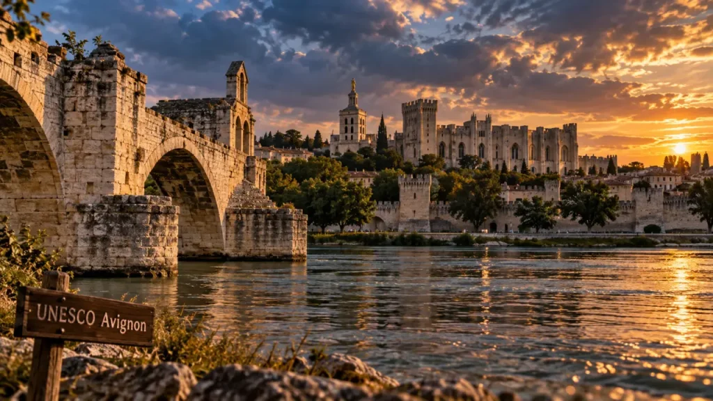 Avignon patrimoine mondial de l’UNESCO : Pont Saint-Bénezet et Palais des Papes au coucher du soleil