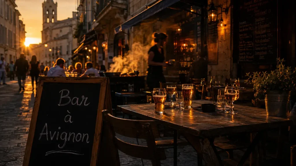 Terrasse bar avignon au crépuscule, bières et serveuse floue