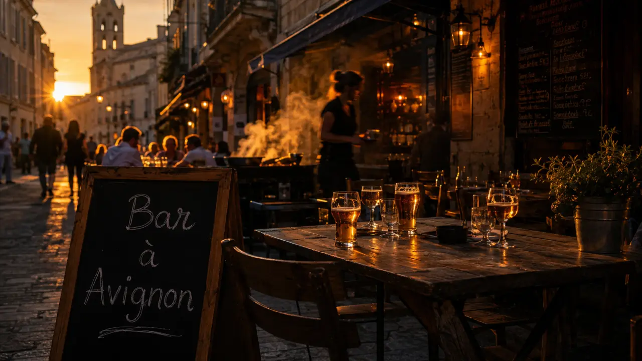 Terrasse bar avignon au crépuscule, bières et serveuse floue