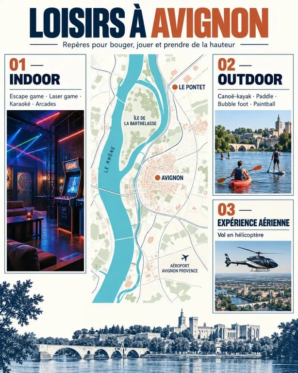 Infographie des idées de loisir Avignon en intérieur et en plein air