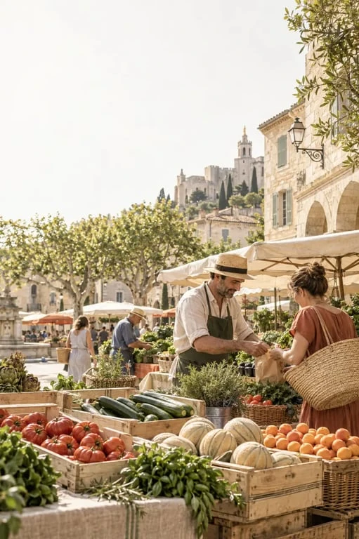 Marchés Avignon alentours avec étals de produits provençaux et producteurs locaux
