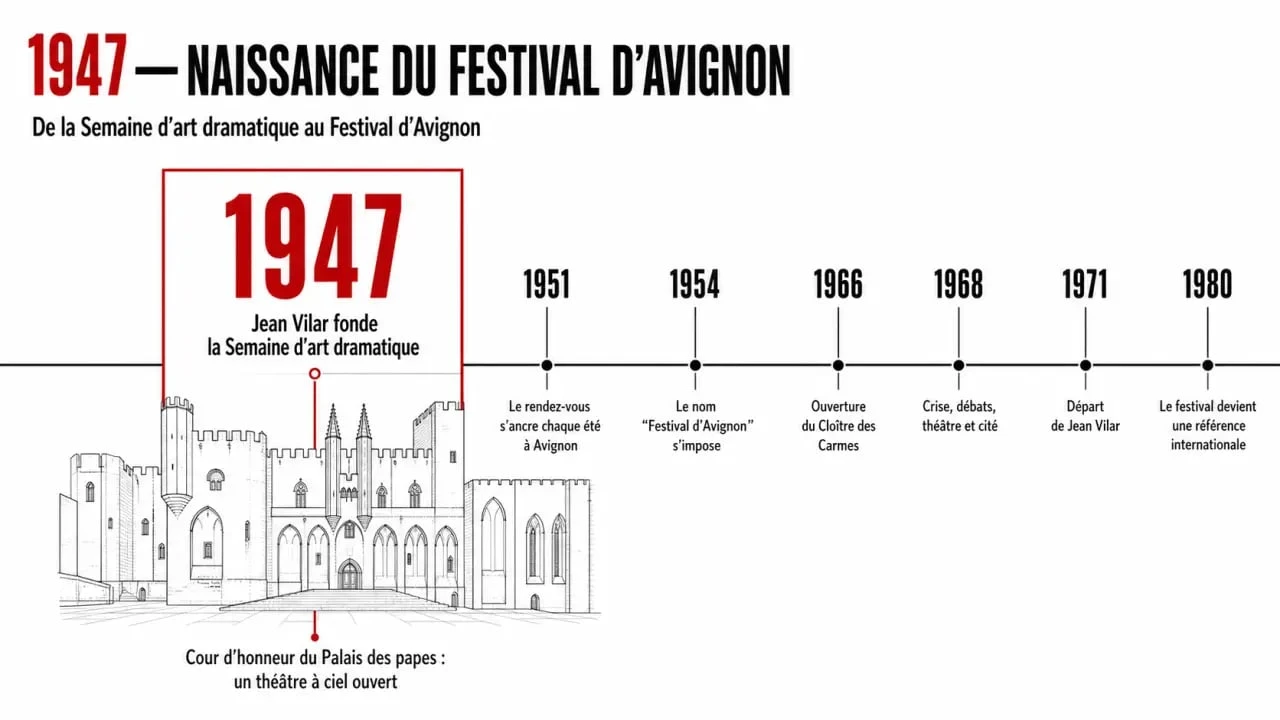 Création festival avignon : frise chronologique de 1947 à 2003 avec Jean Vilar et la Cour d’honneur du Palais des papes