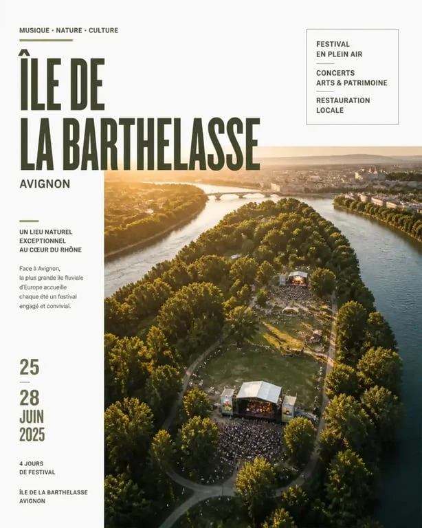 Vue aérienne du festival ID-ILE sur l'île de la Barthelasse à Avignon