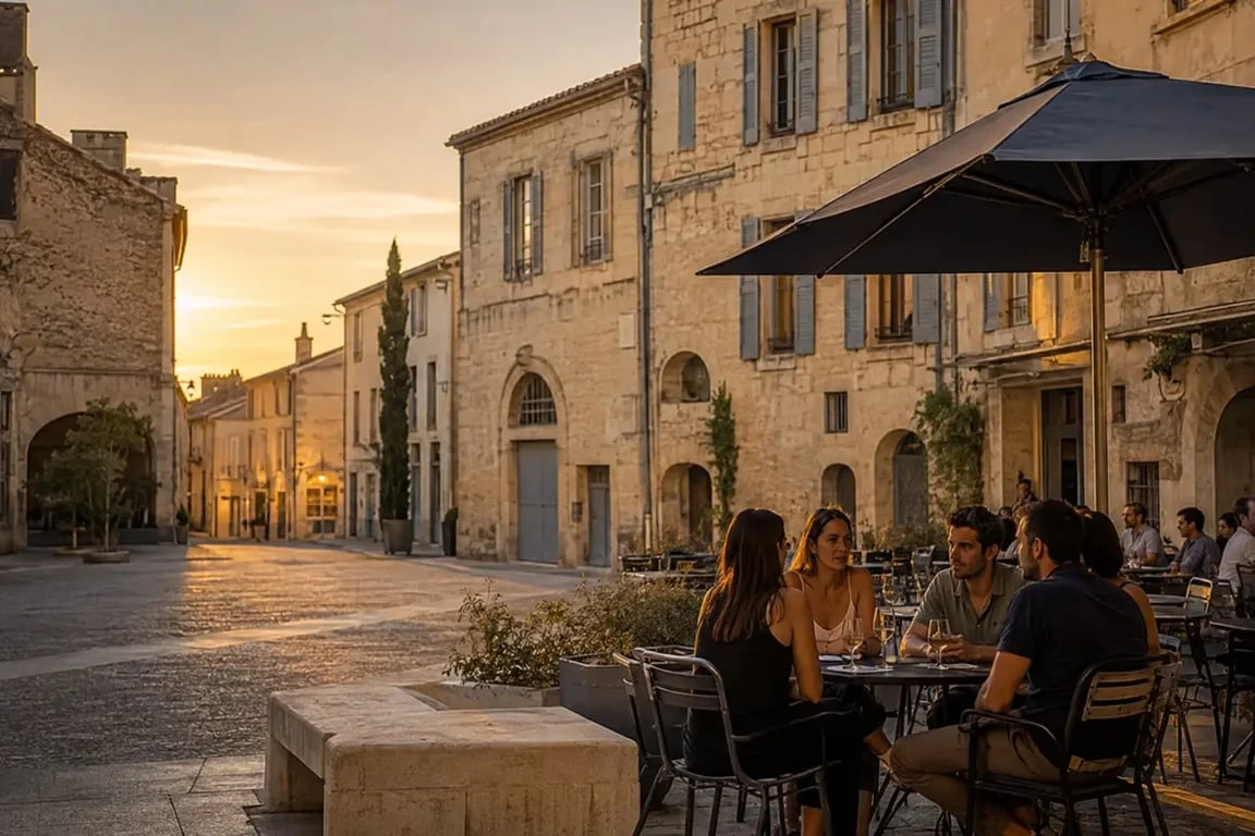 Bar Avignon : terrasse conviviale en centre-ville au crépuscule