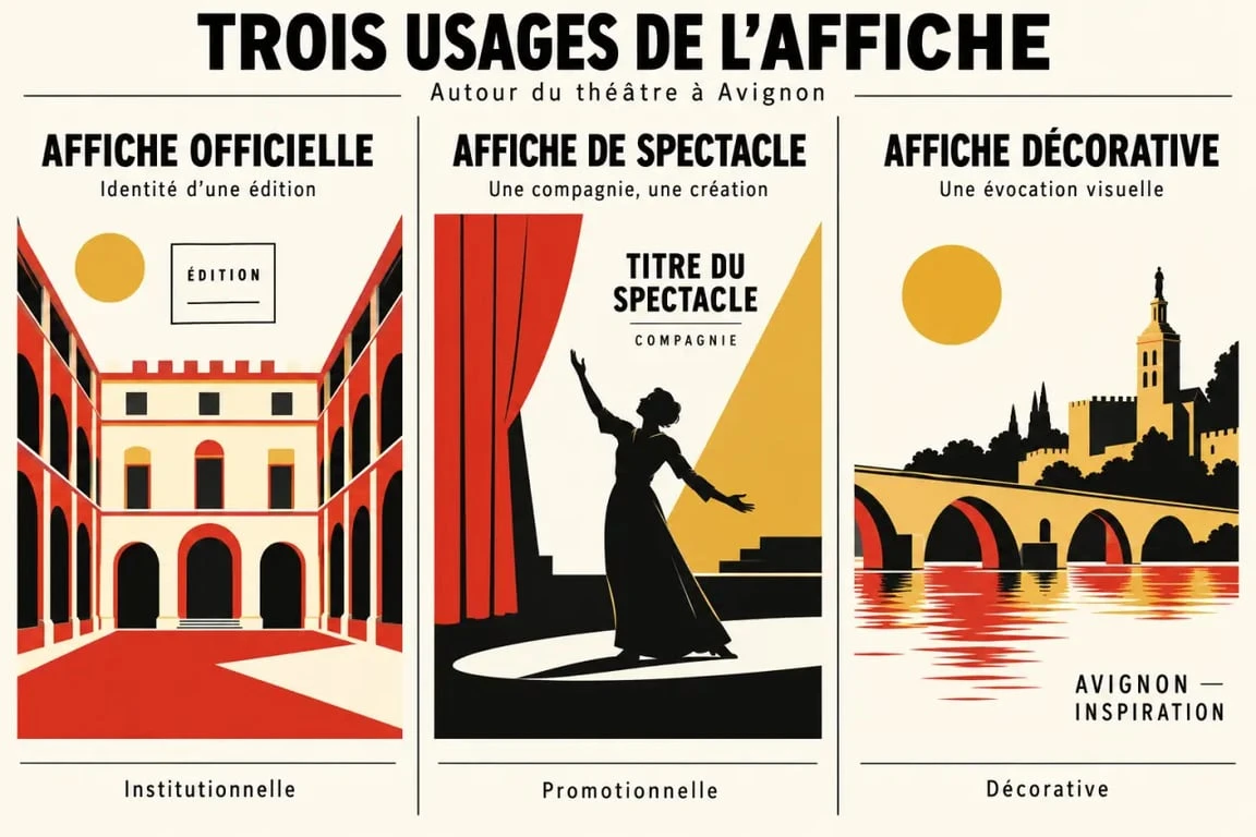 Affiche Festival Avignon : comparaison entre affiche officielle, affiche de spectacle et affiche décorative