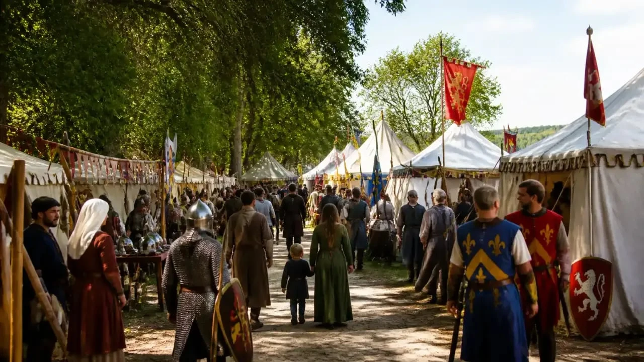 Festival medieval avignon avec campements historiques, artisans et chevaliers à la Barthelasse