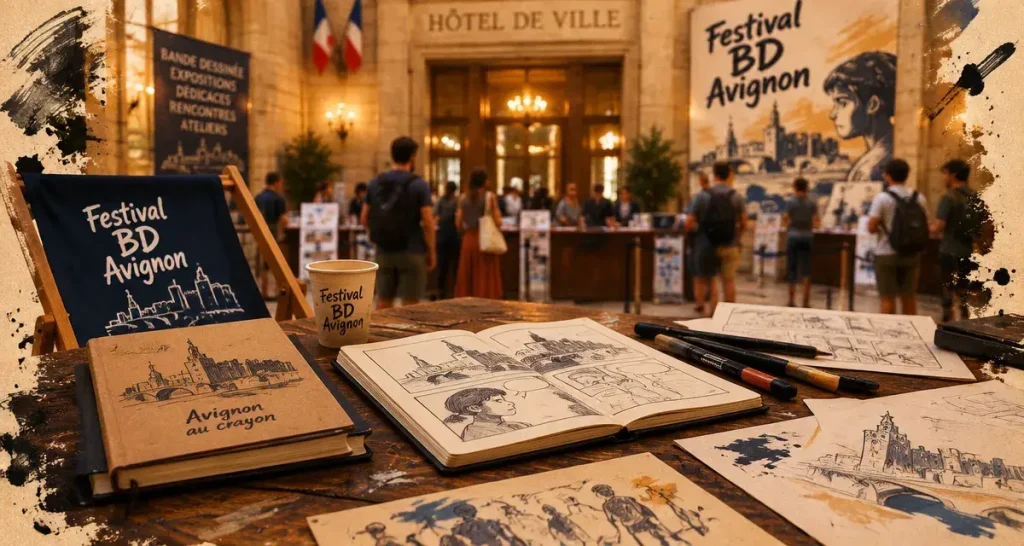 Festival bd avignon 2025 : carnet de croquis et visiteurs à l’Hôtel de Ville