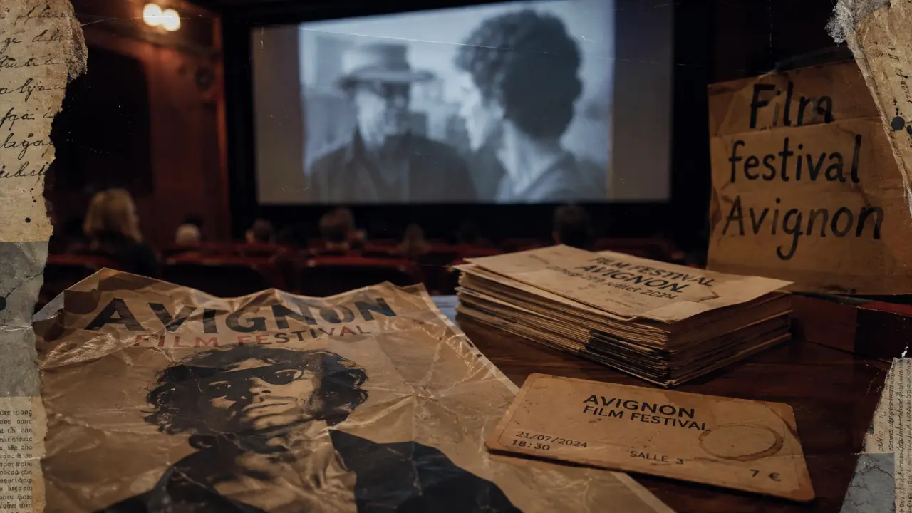 Film festival Avignon : affiche et billets en salle de cinéma, écran de projection
