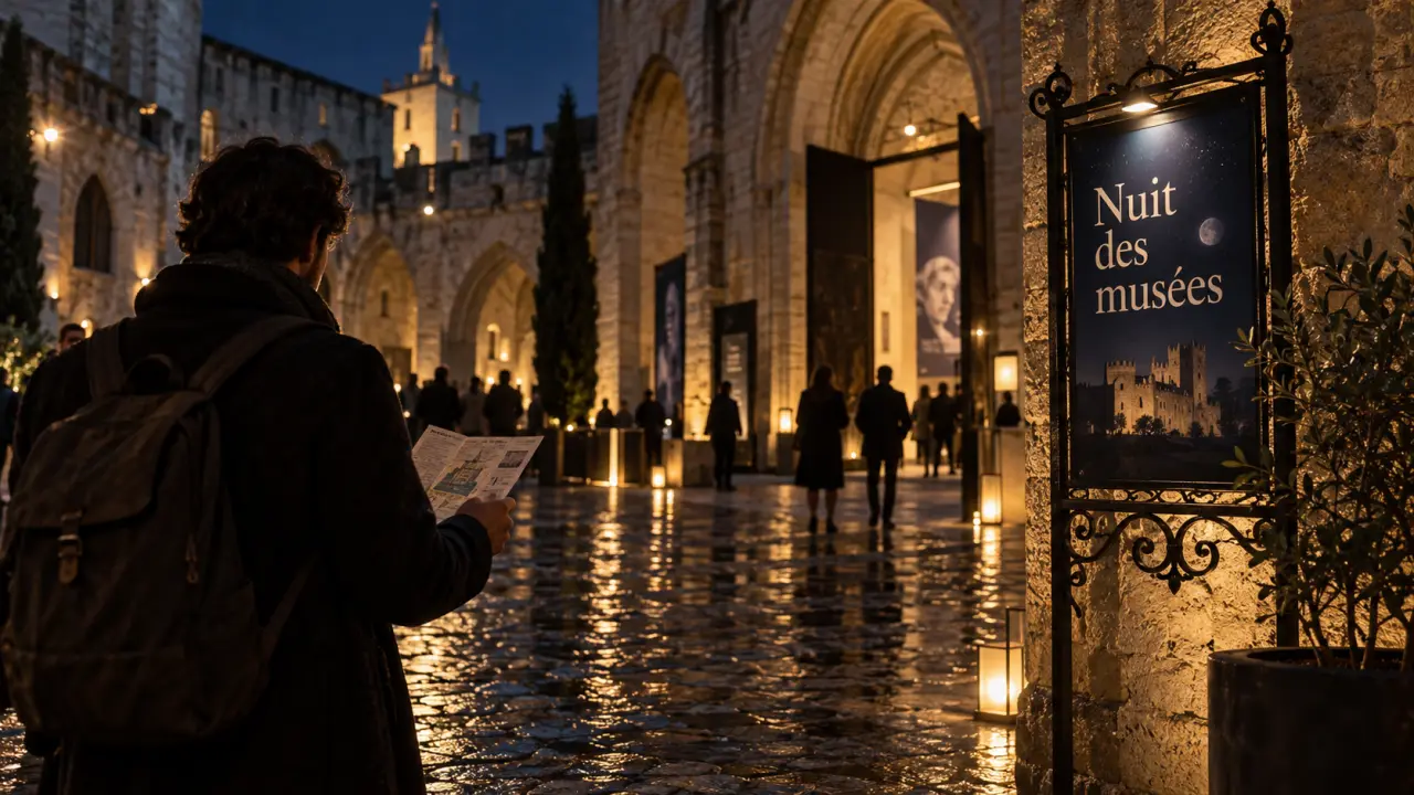 Nuit des musées Avignon : visite de nuit dans une cour historique, plan de visite en main
