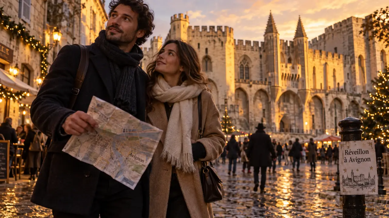 Que faire le 31 decembre a Avignon : couple au réveillon près du Palais des Papes