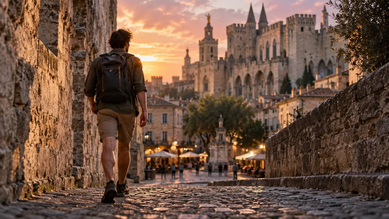 Visiter Avignon sans voiture : marche sur pavés vers le Palais des Papes